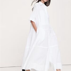 Banana Republic White Poplin Short-Sleeve Trapeze Shirt Dress with Pockets